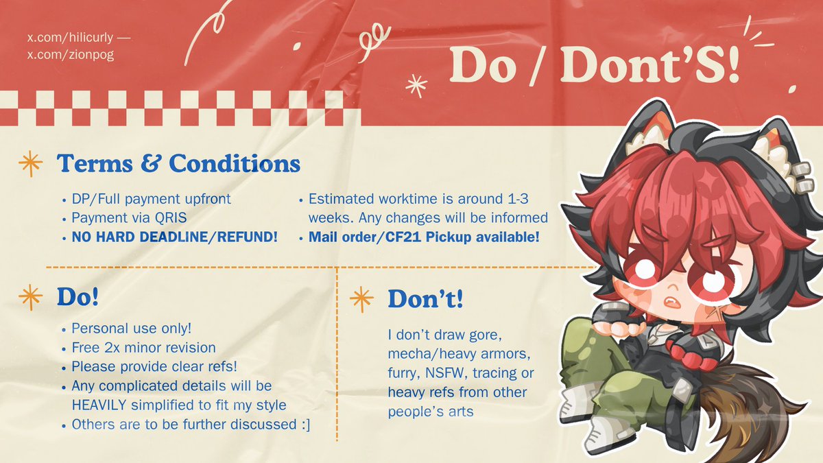 [YCH ART+MERCH COMMS]
RT/Likes are cherished! ✨

Digital files that you'll get are up to 6!! :
- Front + Back expressions with and without watermarks, &amp; all versions with splash add-ons too (if any)! 

- Mail order from Jaksel via T1ki.

10 slots available! DM me :]

#ZIONComms