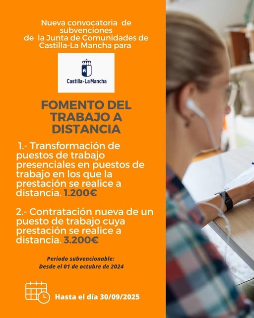 📢 ¿Sabías que la #JCCM subvenciona a #pymes y #autónomos el fomento del trabajo a distancia?‍
📅 Periodo subvencionable: del 01/10/2024 al 30/09/2025
📌 Más info y tramitación:
👉jccm.es/tramites/10170…
#AyudasJCCM #TrabajoADistancia #CastillaLaMancha #TransformaciónDigital