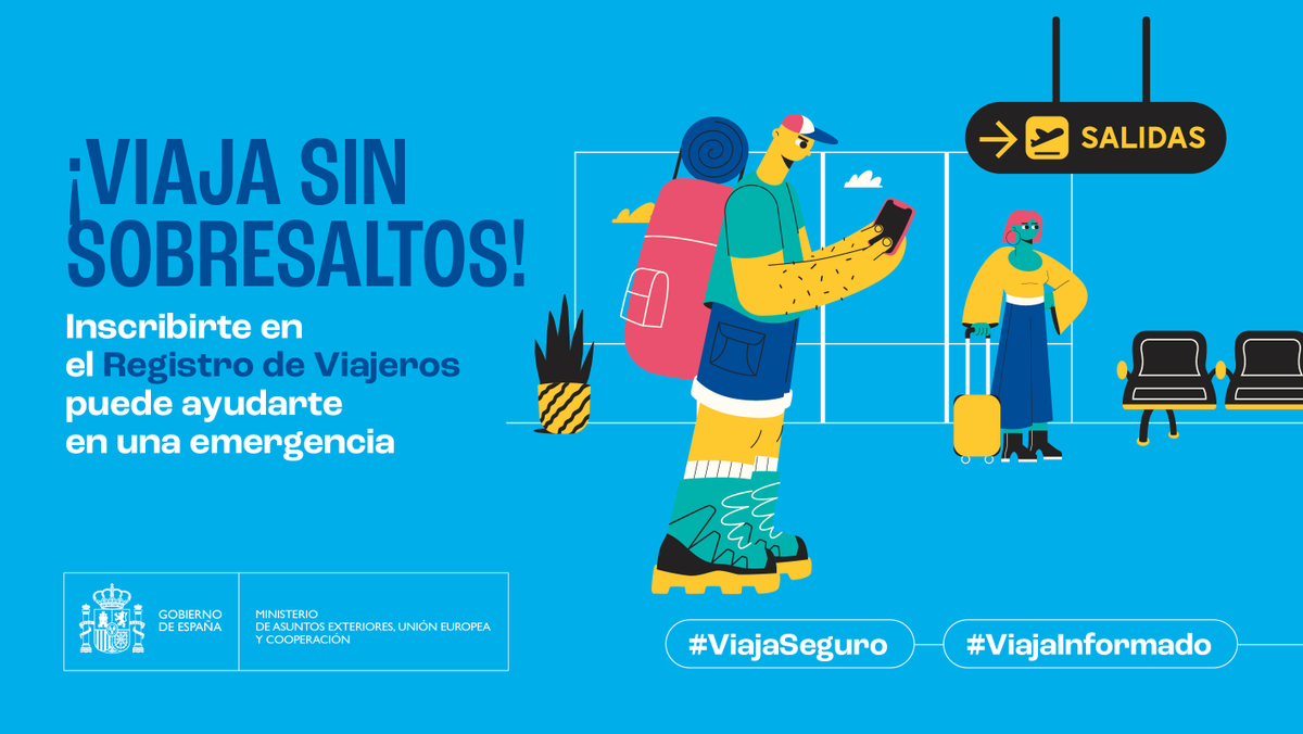 El <a href="/MAECgob/">Ministerio de Asuntos Exteriores, UE y Cooperación</a> insiste en la necesidad de que los ciudadanos se informen del destino al que quieren desplazarse, se inscriban en el Registro de Viajeros y contraten un seguro antes de emprender un viaje al extranjero.

#ViajaSeguro y #ViajaInformado.

exteriores.gob.es/es/ServiciosAl…