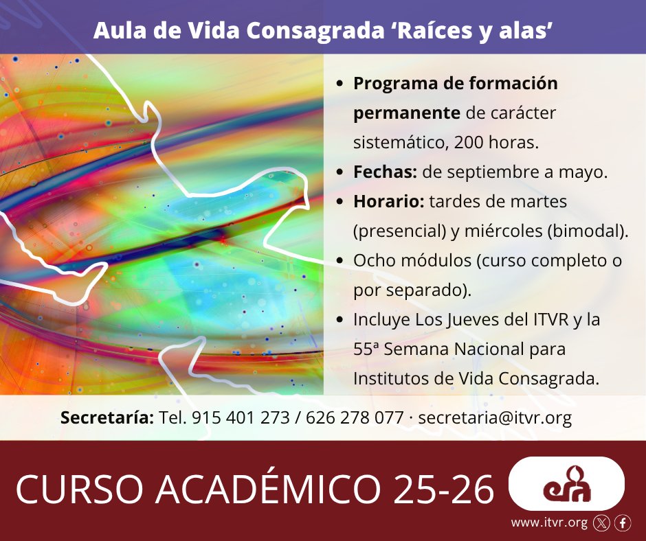 🟡🟣🪽 Bajo el lema «Raíces y alas», la Escuela Regina Apostolorum (ERA) presenta el Aula de Vida Consagrada: un rico recorrido formativo sistemático, orgánico y actualizado a la realidad de la #vidaconsagrada hoy.

➡ Información y reserva: itvr.org/cursos/aula-de…