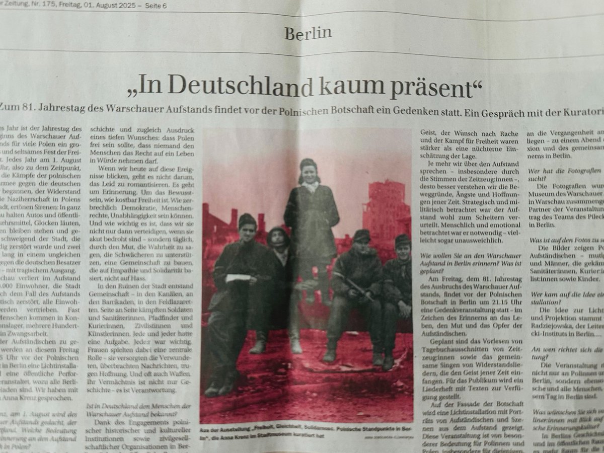 Die Kuratorin des heutigen Erinnerungsabends "Gedenken an den Warschauer Aufstand" Anna Krenz, spricht in der heutigen Berliner Zeitung mit Tomasz Kurianowicz.

Der Artikel ist auch online verfügbar: berliner-zeitung.de/mensch-metropo…

Um 21.15 Uhr treffen wir uns an der Polnischen