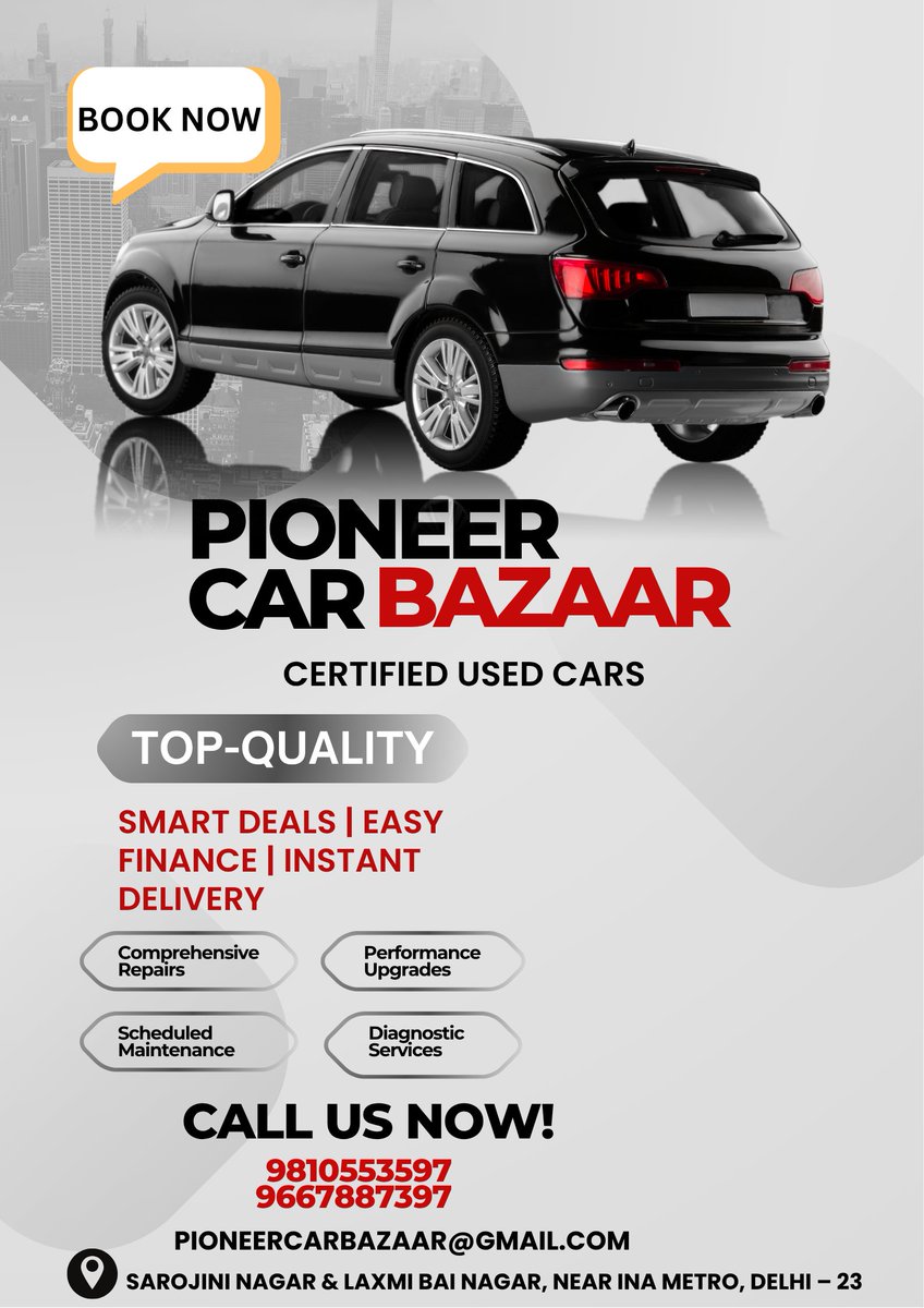 pioneercarbazar's tweet image. Pioneer Car Bazaar – Certified Used Cars, Smart Deals &amp;amp; Easy Finance!Looking for a reliable, certified used car at the best price?
#SecondHandCars #CarDeals #CarBazaar #CarMaintenance #UsedCarExperts #SarojiniNagar #LaxmiBaiNagar #CarBuyersIndia