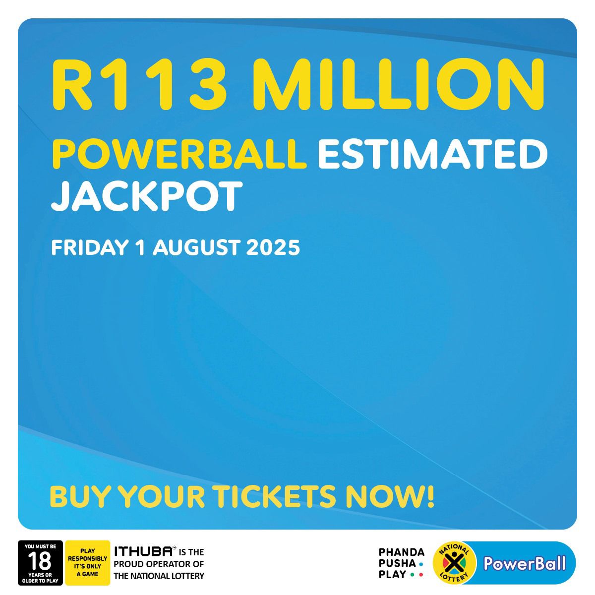 #Ad
 Imagine waking up a millionaire 💰 get your ticket today in-store, on nationallottery.co.za, the Mobile App, via cellphone banking or dial *120*7529# for USSD. 
#WhereBigWinsLive
#R113Million