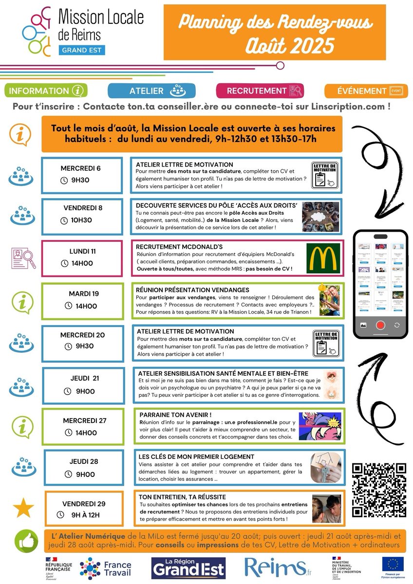 📢 Découvrez le "Planning des rendez-vous Milo" d'Août diffusé sur nos réseaux et affiché sur nos murs!
Une sélection d'actions #Emploi, #Formation #VieQuotidienne  pour les jeunes: ateliers, réunions d'infos... notamment  pour vendanges et parrainage.
