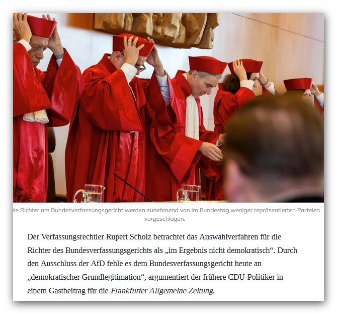 Ich gebe Rupert Scholz einerseits Recht, andererseits finde ich, dass Verfassungsrichter überhaupt nicht von Parteien vorgeschlagen werden sollten, sondern z.B. von Richterverbänden. 
Man sieht ja gerade am Fall #BrosiusGersdorf und #Kaufhold, wie Parteien das BVG benutzen, um