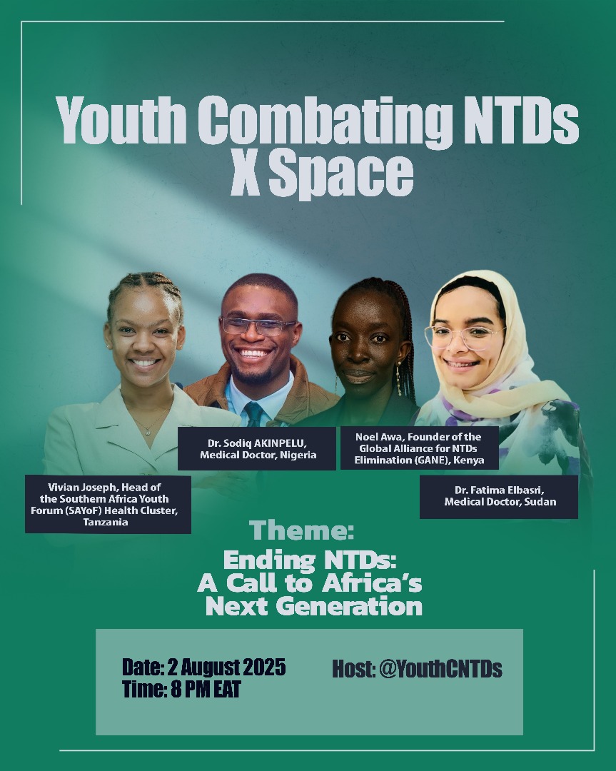 medsar_rwanda's tweet image. Dear Future doctors, your voice matters in the fight against #NTDs!
Join this powerful X Space on Aug 2nd, 8PM EAT to hear from young African health leaders.
🗣️ Together, let's end neglected tropical diseases!
#MEDSAR #Youth4NTDs
 @YouthCNTDs