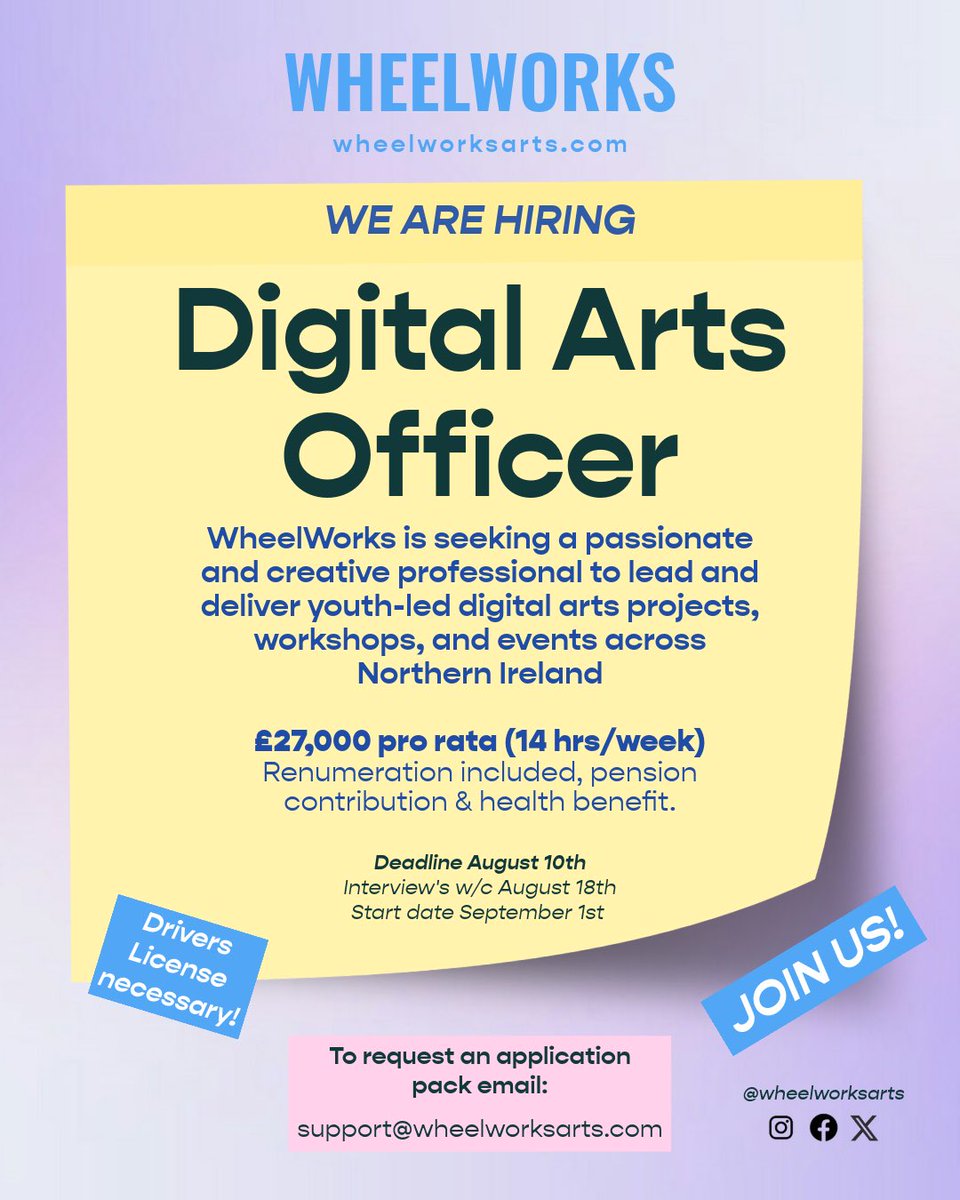 🚨 We’re hiring! 🚨

WheelWorks is looking for a Digital Arts Officer to lead youth-led creative projects across NI.

💻 14 hrs/week | £27k pro rata
🚗 Driver’s license required
📅 Deadline Aug 10 | Start Sept 1

📩 Apply: support@wheelworksarts.com

#ArtsJobsN #YouthArts