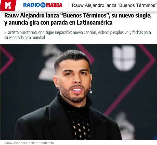 Artist Publicist (@artist_publi) on Twitter photo Rauw Alejandro no levanta el pie del acelerador. El puertorriqueño, una de las grandes estrellas globales del panorama urbano, ha lanzado este miércoles su nuevo sencillo “Buenos Términos”. marca.com/radio/2025/08/… <a href="/RadioMARCA/">Radio MARCA</a>
<a href="/rauwalejandro/">RAÚL</a> <a href="/fpment/">FPMEnt</a> <a href="/SonyMusicLatin/">sonymusiclatin</a> Rauw Alejandro no levanta el pie del acelerador. El puertorriqueño, una de las grandes estrellas globales del panorama urbano, ha lanzado este miércoles su nuevo sencillo “Buenos Términos”. marca.com/radio/2025/08/… <a href="/RadioMARCA/">Radio MARCA</a>
<a href="/rauwalejandro/">RAÚL</a> <a href="/fpment/">FPMEnt</a> <a href="/SonyMusicLatin/">sonymusiclatin</a>