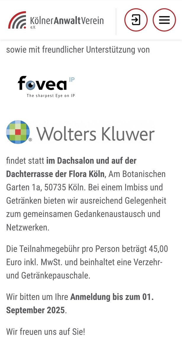 #werbung
Liebe Kölner RechtsanwältInnen sowie RichterInnen, die im Gewerblichen Rechtsschutz sowie Urheber- und Medienrecht tätig sind: Unser diesjährige #SOMMEREMPFANG am 23.09.2025 in der Flora ist beim #KAV buchbar. Bitte schnell Ticket sichern!

koelner-anwaltverein.de/event/15-somme…