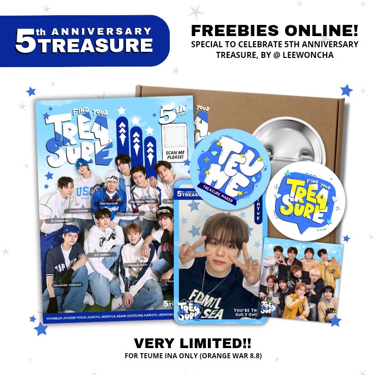 leewoncha's tweet photo. FIND YOUR #TREASURE 💎✨
Freebies online special to celebrate Treasure 5th anniversary.

📦1 TREASURE BOX FOR 1 PERSON

HOW TO CLAIM??
💎 rt, like, &amp; share are very appreciated 
💎 for teume Ina only!
💎 claim via 🍊 8.8 (19.00) 
💎 read tnc below https://t.co/s5fBG5cBoG