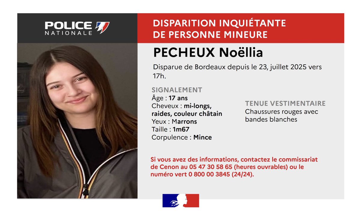 🇫🇷 DISPARITION | Noëllia, 17 ans, a disparu le 23 juillet à Bordeaux (Gironde). La police a lancé un appel à témoins pour tenter de la retrouver.
