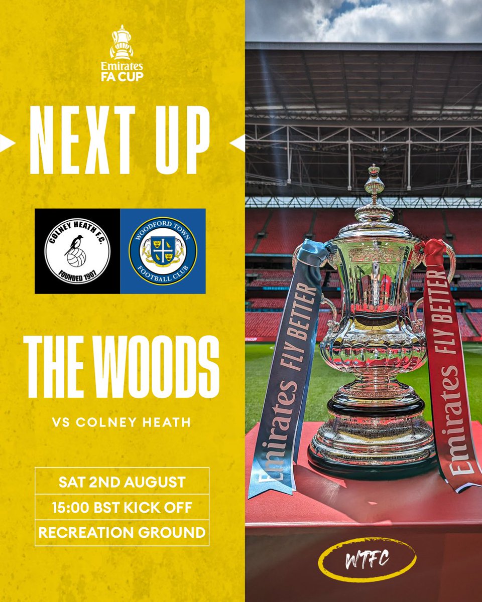 We’re in <a href="/EmiratesFACup/">Emirates FA Cup</a> action TOMORROW! 🔥🏆

The Woods travel round the M25 to <a href="/ColneyHeathFC/">Colney Heath FC</a> in the Extra Preliminary Round, hoping to kick off a magical cup run in style! 

🎟️ Adults: £8 | Concessions: £5 | u16: £1

Let’s see as many of you backing the boys on the road! 💛💙