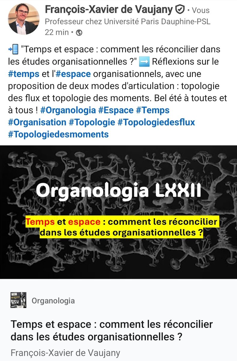 fdevaujany's tweet image. ⚡️ "Temps et espace : comment les réconcilier dans les études organisationnelles ?" :
linkedin.com/pulse/temps-et… Nouvel #Organologia Bonne lecture et belle pause estivale !