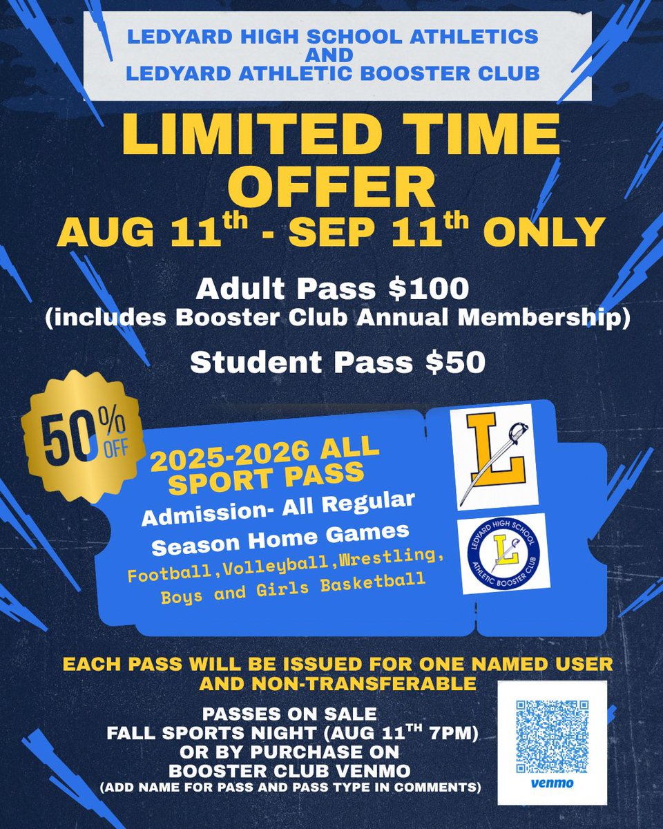 COLONELS FANS, DON’T MISS THIS LIMITED TIME DEAL!!! All Sport Pass goes on sale for 1 MONTH ONLY. Meet us at the Booster Club Table on Fall Sports Night to purchase or purchase online via Venmo.  Adult pass includes 1 year Booster Membership <a href="/ledyardsports/">Jim Buonocore</a>