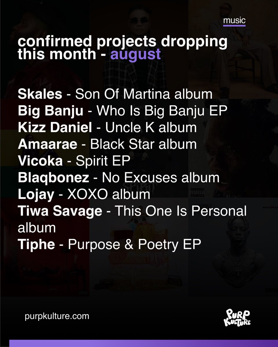 Projects to expect this month 💿💜 

Skales - Son Of Martina album | 6th August
Big Banju - Who Is Big Banju EP | 7th August
Kizz Daniel - Uncle K album | 8th August
Amaarae - Black Star album | 8th August
Vicoka - Spirit EP | 11th August
Blaqbonez - No Excuses album | 22nd