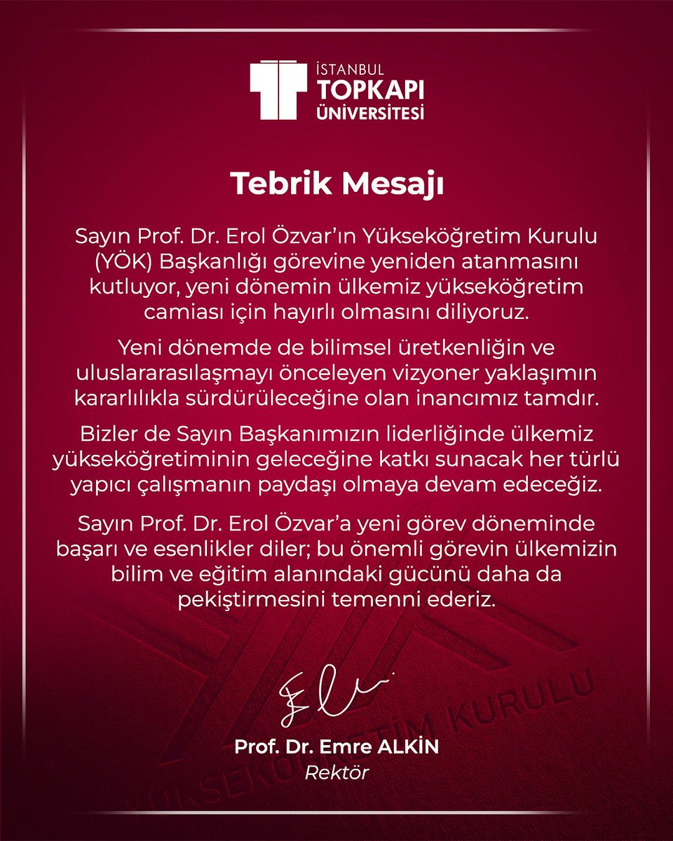 Sayın Prof. Dr. Erol Özvar’ın Yükseköğretim Kurulu (YÖK) Başkanlığı görevine yeniden atanmasını kutluyor, yeni dönemin ülkemiz yükseköğretim camiası için hayırlı olmasını diliyoruz.

Yeni dönemde de bilimsel üretkenliğin ve uluslararasılaşmayı önceleyen vizyoner yaklaşımın