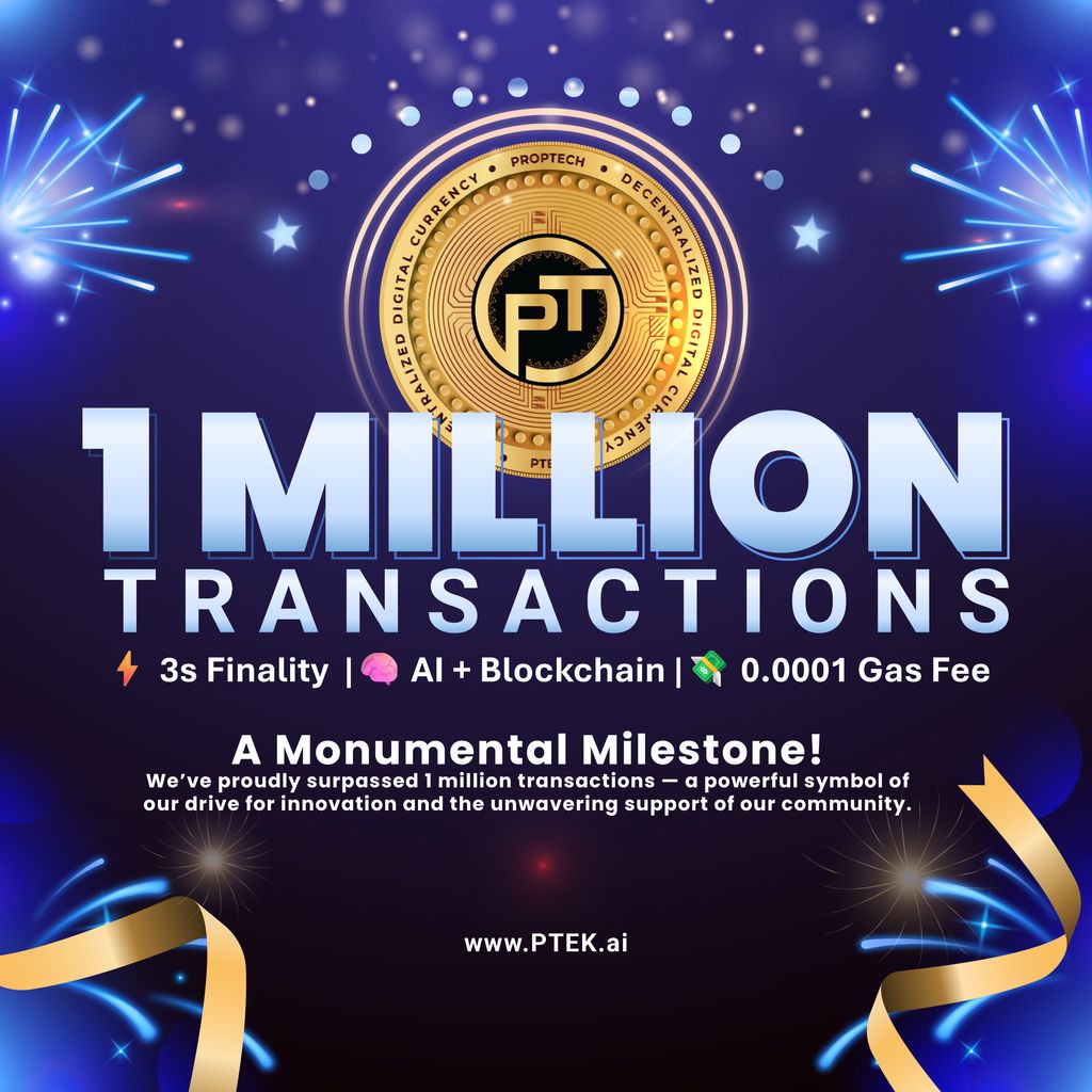 PropTechSmart's tweet image. 🚀 1 MILLION TRANSACTIONS! 🎉
A massive milestone for #PropTech — 1M actions of trust, growth & real-world Web3 power! 🌍💥
We’re just getting started…
🔍 explorer.ptekcoin.com
#1MillionStrong #PTEKPower #Web3RealEstate #BlockchainMilestone #SmartWealth
