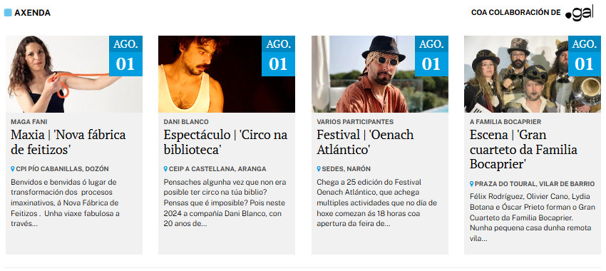 AXENDA | 🗓 Xa podes consultar os principais eventos culturais programados para esta sexta feira, 1 de agosto; unha escolla elaborada por #NósDiario coa colaboración de @Punto_Gal

📍 nosdiario.gal/seccion/axenda/