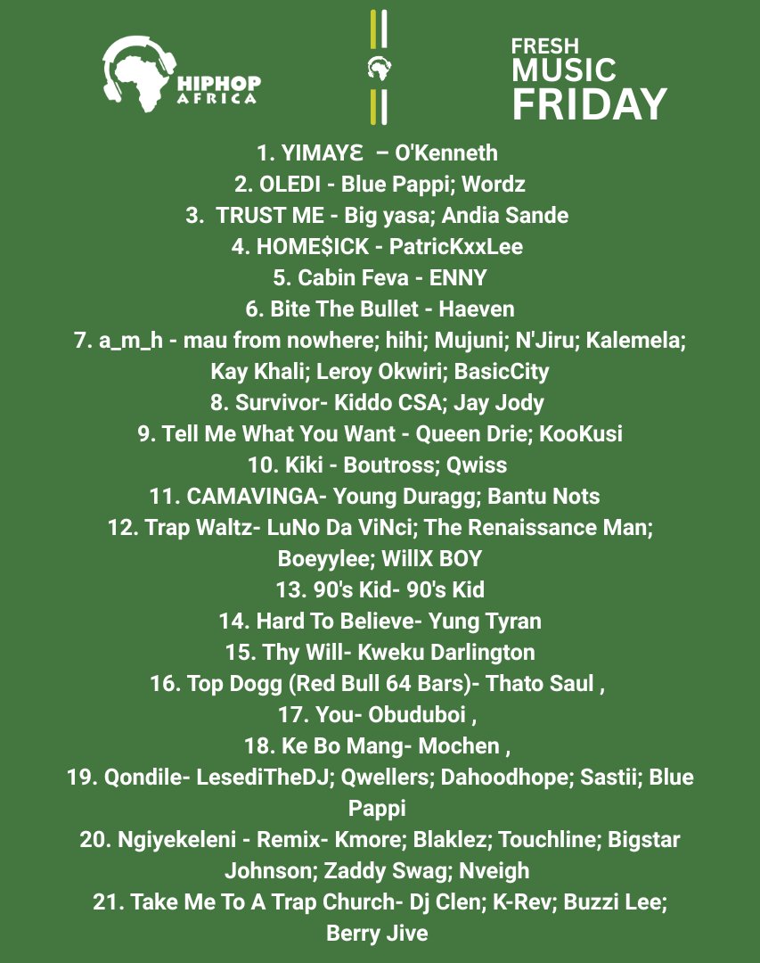 Hiphop Africa (@hiphopafricaa) on Twitter photo Fresh Music friday this weekend is filled with bangers and nothing but dope music with releases from <a href="/blue_pappi/">MFANA OHLAZA</a> 🇿🇦<a href="/big_yasa/">Big Yasa</a> 🇰🇪 <a href="/PatricKxxLee37/">Luv’Lee</a> 🇿🇲<a href="/haevenofficial_/">HAEVEN</a> 🇳🇬🇬🇭 <a href="/ennyintegrity/">ENNY</a> 🇳🇬 <a href="/maufromnowhere/">mau from nowhere</a> <a href="/KiddoCSA_/">Kiddo CSA</a> 🇿🇦<a href="/Boutross_Munene/">Boutross</a> 🇰🇪 <a href="/Lesedithedj/">LESEDITHEDJ</a> 🇿🇦<a href="/youngduragg/">Young Duragg</a> 🇿🇦and Fresh Music friday this weekend is filled with bangers and nothing but dope music with releases from <a href="/blue_pappi/">MFANA OHLAZA</a> 🇿🇦<a href="/big_yasa/">Big Yasa</a> 🇰🇪 <a href="/PatricKxxLee37/">Luv’Lee</a> 🇿🇲<a href="/haevenofficial_/">HAEVEN</a> 🇳🇬🇬🇭 <a href="/ennyintegrity/">ENNY</a> 🇳🇬 <a href="/maufromnowhere/">mau from nowhere</a> <a href="/KiddoCSA_/">Kiddo CSA</a> 🇿🇦<a href="/Boutross_Munene/">Boutross</a> 🇰🇪 <a href="/Lesedithedj/">LESEDITHEDJ</a> 🇿🇦<a href="/youngduragg/">Young Duragg</a> 🇿🇦and