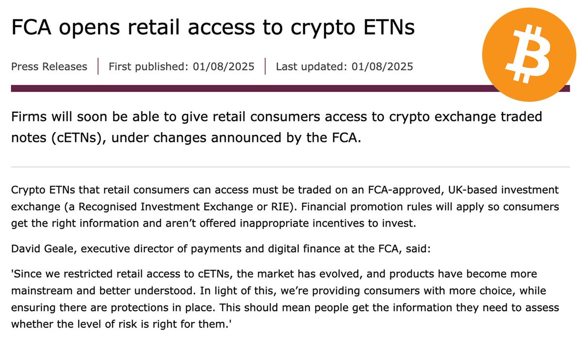 JUST IN: 🇬🇧 FCA to allow retail customers access to #Bitcoin and crypto ETNs.