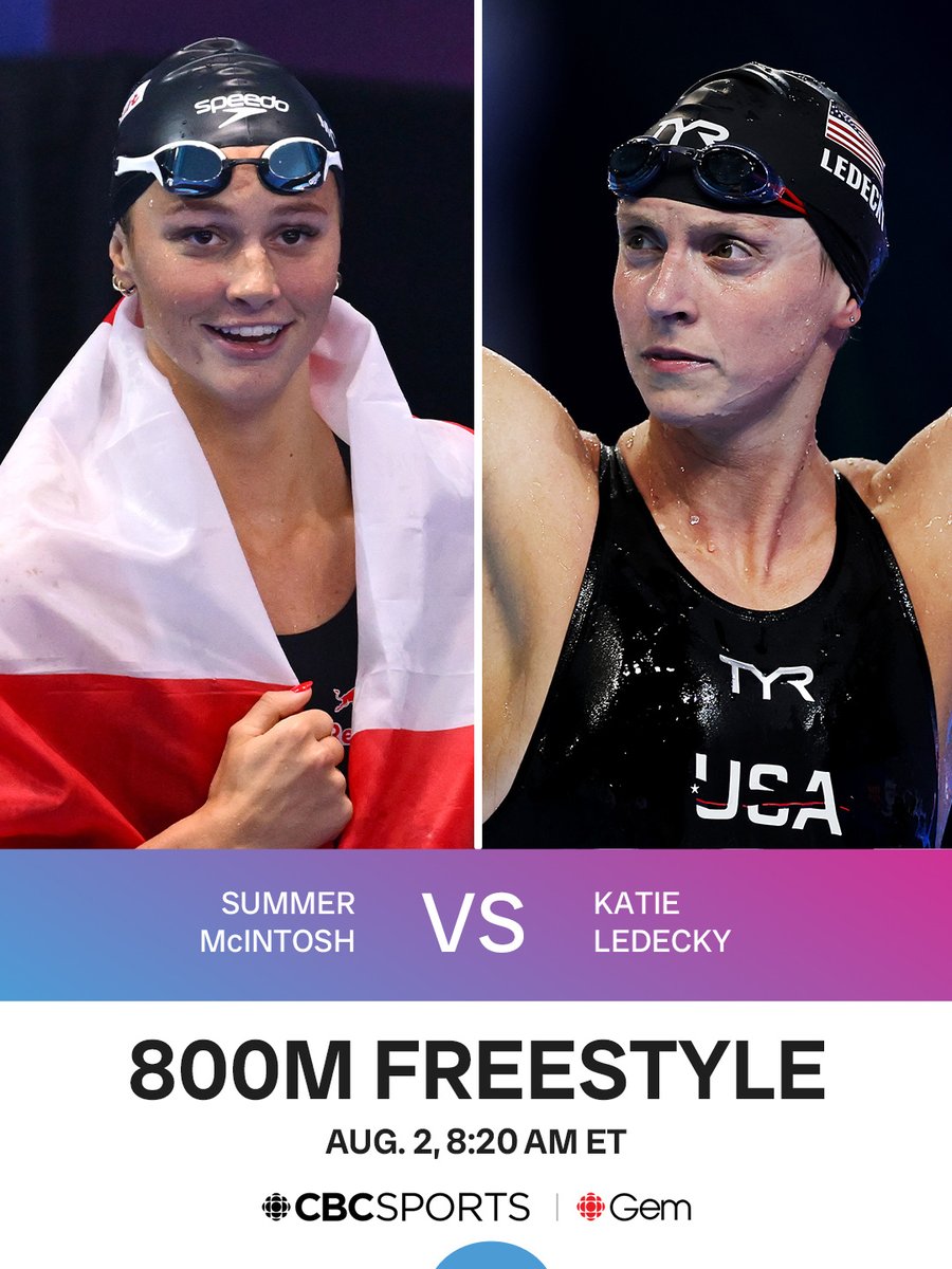 SATURDAY | 800M FREESTYLE SHOWDOWN 👀

McIntosh 🇨🇦 vs. Ledecky 🇺🇸

Watch it live at 8:20am ET on <a href="/cbcgem/">CBC Gem</a>