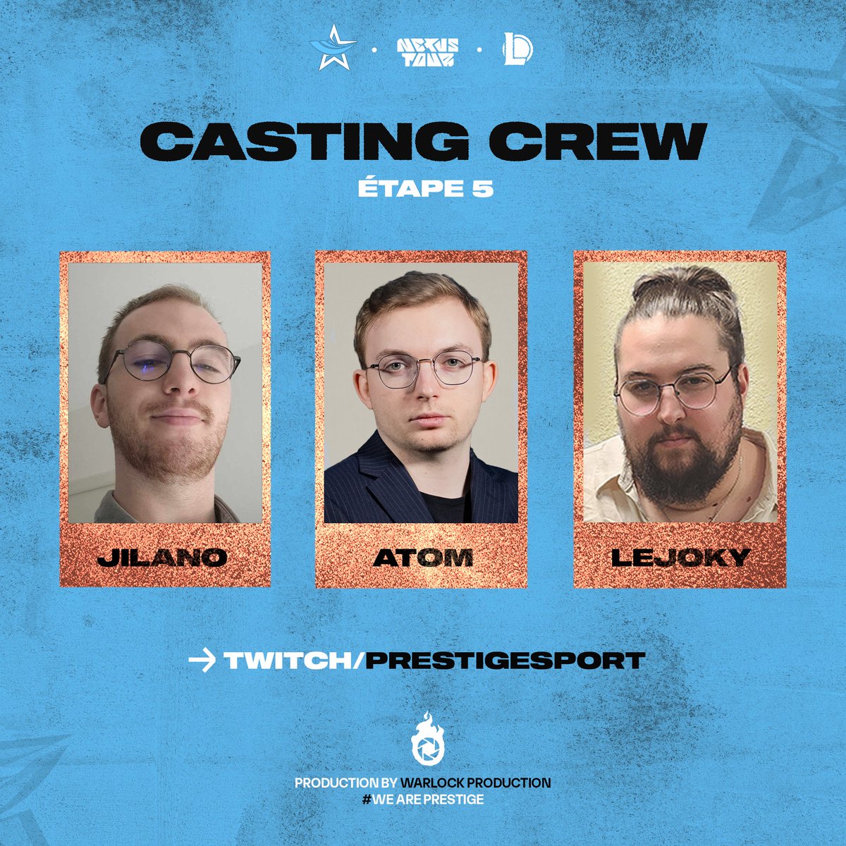 PGE_Esport's tweet image. Nos casters sont prêts pour l'étape 5 du #NexusTour ! 💙🤍
Rendez-vous dès demain pour vibrer sur leurs voix tandis que la Faille résonnera du bruit des combats ! ⚔️

#PGE #WeArePrestige #LeagueOfLegends
