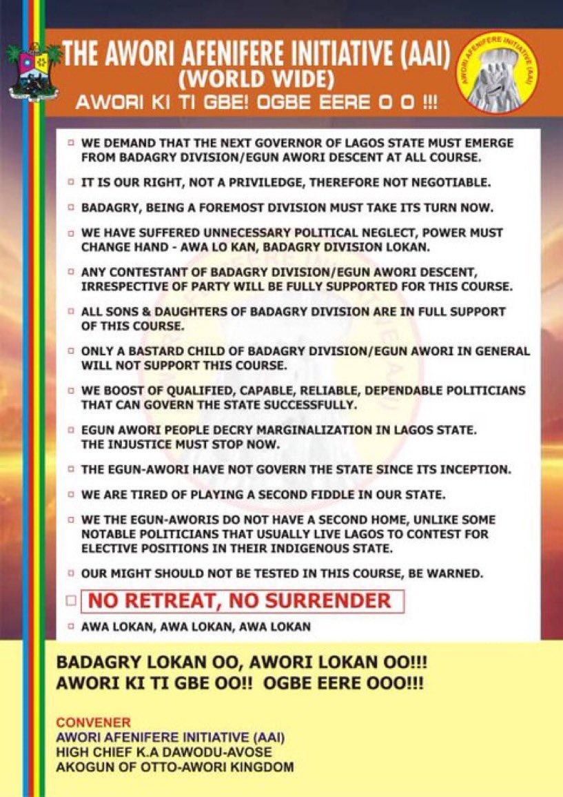 The Awori people's struggle for representation in Lagos governance is real. Their historical ties to the land are being overshadowed by migration &amp; expansionist agendas of the invading Yoruba people from other states. Is it fair to deny them their rightful place in governance?