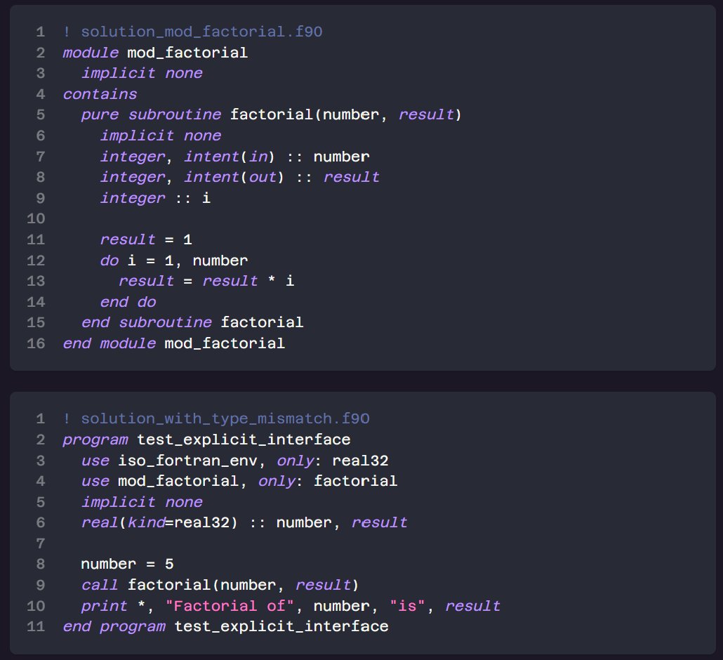 codee_com's tweet image. 💡 Avoid implicit interfaces in #Fortran!
Calling procedures with external prevents argument checks — leading to hidden bugs.
✅ Use modules to create explicit interfaces and safer, cleaner code.
📖 Learn more: open-catalog.codee.com/Checks/PWR068/
👉Explore Codee: codee.com/codee-analyzer/