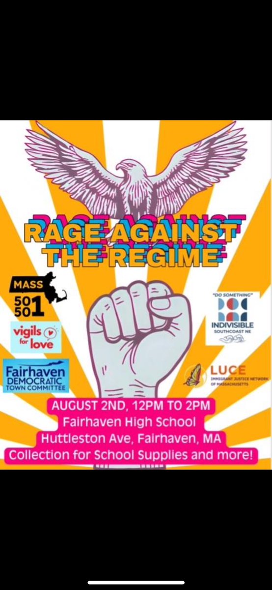 SHOW UP AND SUPPORT FAIRHAVEN HIGH SCHOOL’S SCHOOL SUPPLY DRIVE! 

AUGUST 2ND, 12PM TO 2PM
Fairhaven High School
Huttleston Ave, Fairhaven, MA
<a href="/mass50501/">Mass50501</a> #fairhaven #fairhavenma #massachusetts #rageagainsttheregime