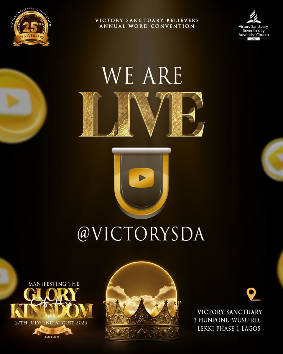 *VICTORY BELIEVERS’ CONVENTION 2025 (DAY 6 - NOON SEESION) IS NOW STREAMING LIVE!* 

Join us through any of the following platforms: 

*Youtube Channel:*
youtube.com/live/eodBRyrgL…

youtube.com/live/0VESt5jjm…

*Facebook Channel:* 
facebook.com/share/v/1aQdyv…

🙏🏽