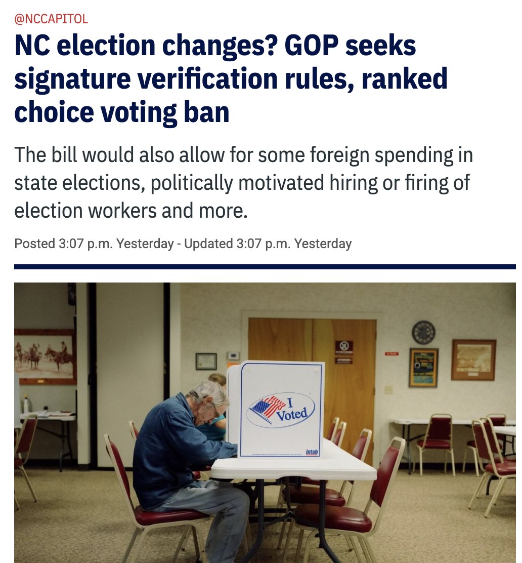 Republicans in the North Carolina state legislature are pushing a major election law bill that would not only ban ranked-choice voting statewide, but also explicitly permit foreign individuals and businesses to fund ballot referenda campaigns in North Carolina.

And then this: