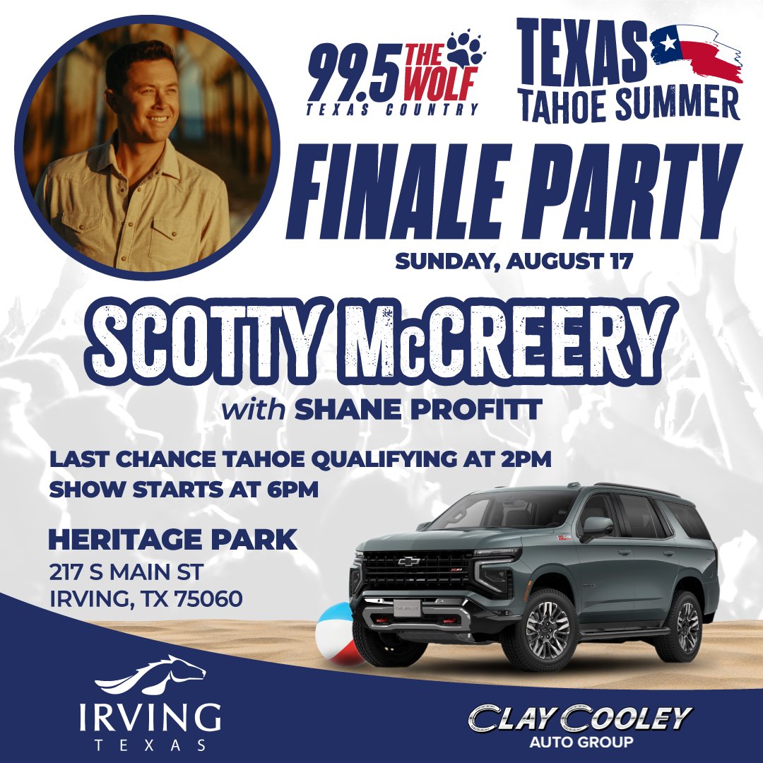 Country star Scotty McCreery is coming to Heritage Park in <a href="/thecityofirving/">City of Irving</a> for our Texas Tahoe Summer Finale Party on Sunday, August 17!

Special thanks to <a href="/claycooleygroup/">ClayCooleyAutoGroup</a> for providing a brand-new Chevrolet Tahoe &amp; A-1 Locksmith for providing the keys for our giveaway!