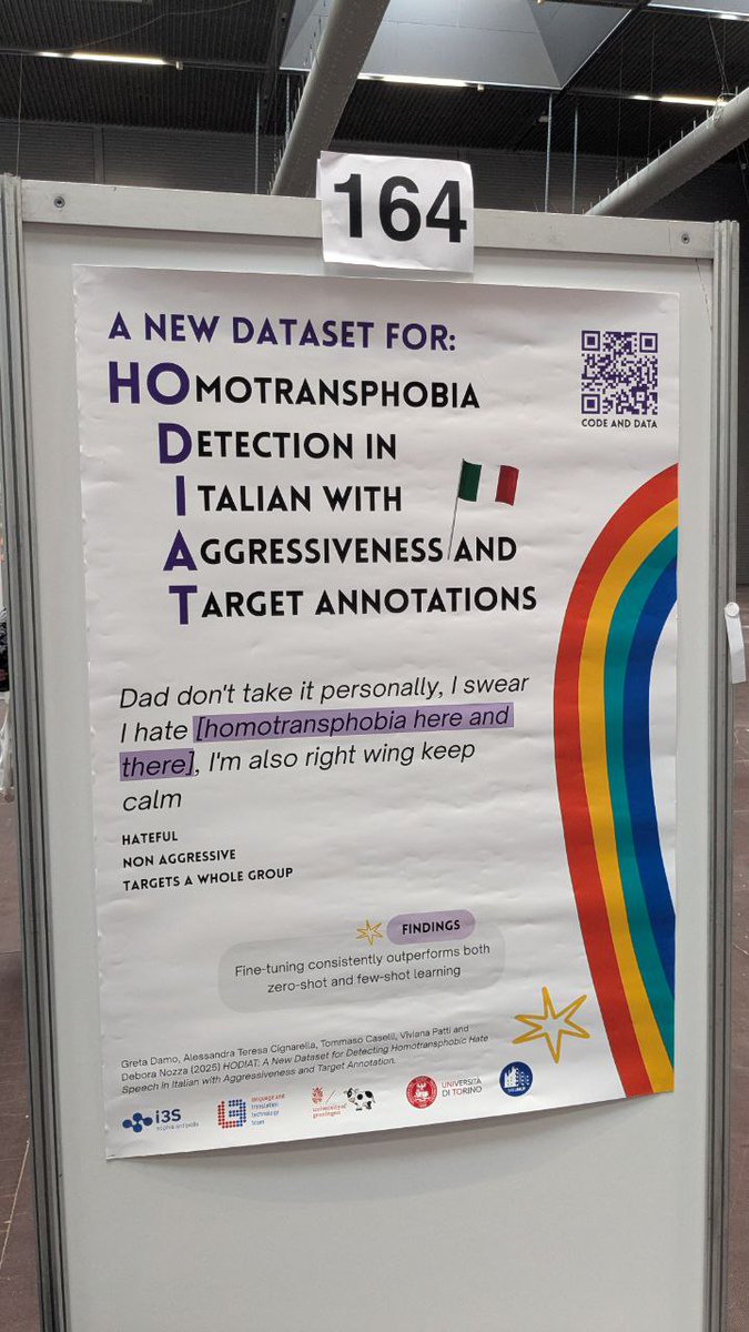 Greta Damo (@grexit_) on Twitter photo 🥳Today we are presenting "HODIAT: A Dataset for Detecting Homotransphobic Hate Speech in Italian with Aggressiveness and Target Annotation"
at #WOAH workshop from 1.40 to 3.10pm — come by if you are interested!
#ACL2025NLP
<a href="/ale_t_cig/">Alessandra T. Cignarella</a> <a href="/tommaso_caselli/">Tommaso Caselli @tommasoc80.bsky.social</a> <a href="/vivi_patti/">Viviana Patti</a> <a href="/debora_nozza/">Debora Nozza</a> 🥳Today we are presenting "HODIAT: A Dataset for Detecting Homotransphobic Hate Speech in Italian with Aggressiveness and Target Annotation"
at #WOAH workshop from 1.40 to 3.10pm — come by if you are interested!
#ACL2025NLP
<a href="/ale_t_cig/">Alessandra T. Cignarella</a> <a href="/tommaso_caselli/">Tommaso Caselli @tommasoc80.bsky.social</a> <a href="/vivi_patti/">Viviana Patti</a> <a href="/debora_nozza/">Debora Nozza</a>