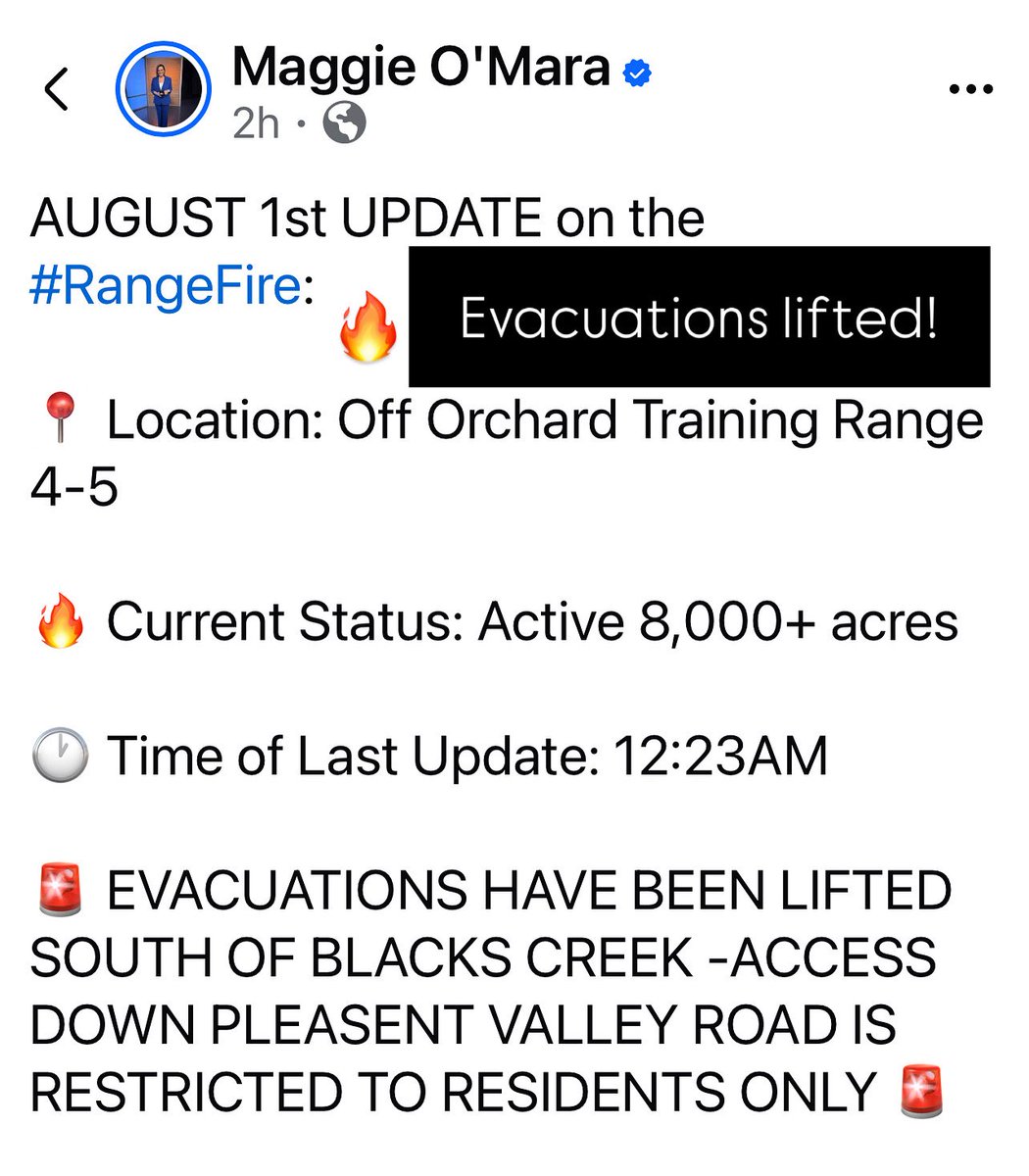 maggieKTVB7's tweet photo. Good news this morning on the #RangeFire.
Evacuations have been lifted. Residents were able to go back home.
Fire crews are making progress. @KTVB https://t.co/d728kaoT9J
