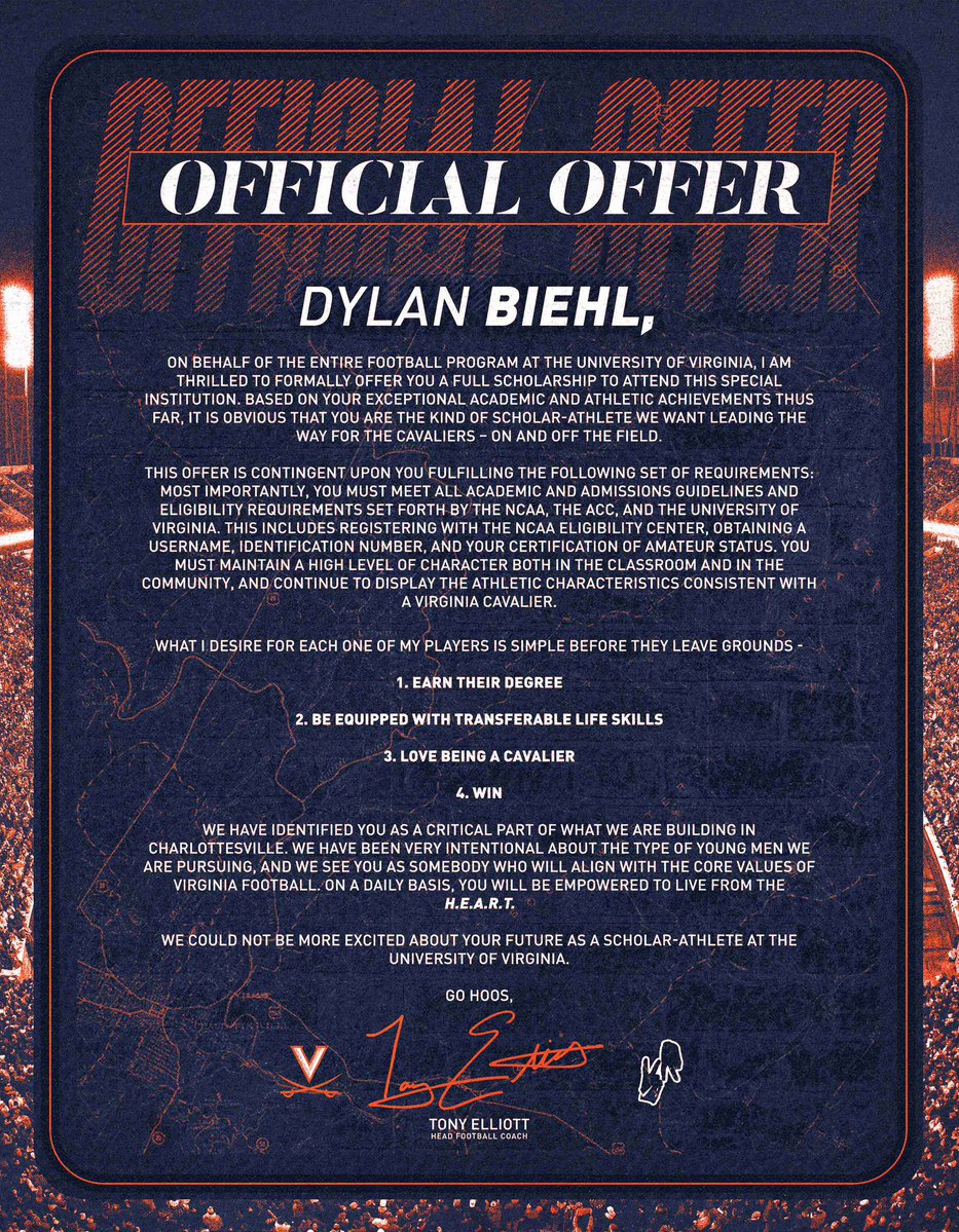 Dylan Biehl (@dylanbiehl75) on Twitter photo I am truly honored to receive my official offer from <a href="/UVAFootball/">Virginia Football</a> & 🔥 up to get to work as a Cavalier in January after we finish some business <a href="/LambertFtBall/">Lambert Football</a>
There is no place I’d rather call home than Charlottesville #wahoowa #GoHoos ⚔️
<a href="/Coach_TElliott/">Tony Elliott</a> <a href="/Coach_TerryHeff/">Terry Heffernan</a> I am truly honored to receive my official offer from <a href="/UVAFootball/">Virginia Football</a> & 🔥 up to get to work as a Cavalier in January after we finish some business <a href="/LambertFtBall/">Lambert Football</a>
There is no place I’d rather call home than Charlottesville #wahoowa #GoHoos ⚔️
<a href="/Coach_TElliott/">Tony Elliott</a> <a href="/Coach_TerryHeff/">Terry Heffernan</a>