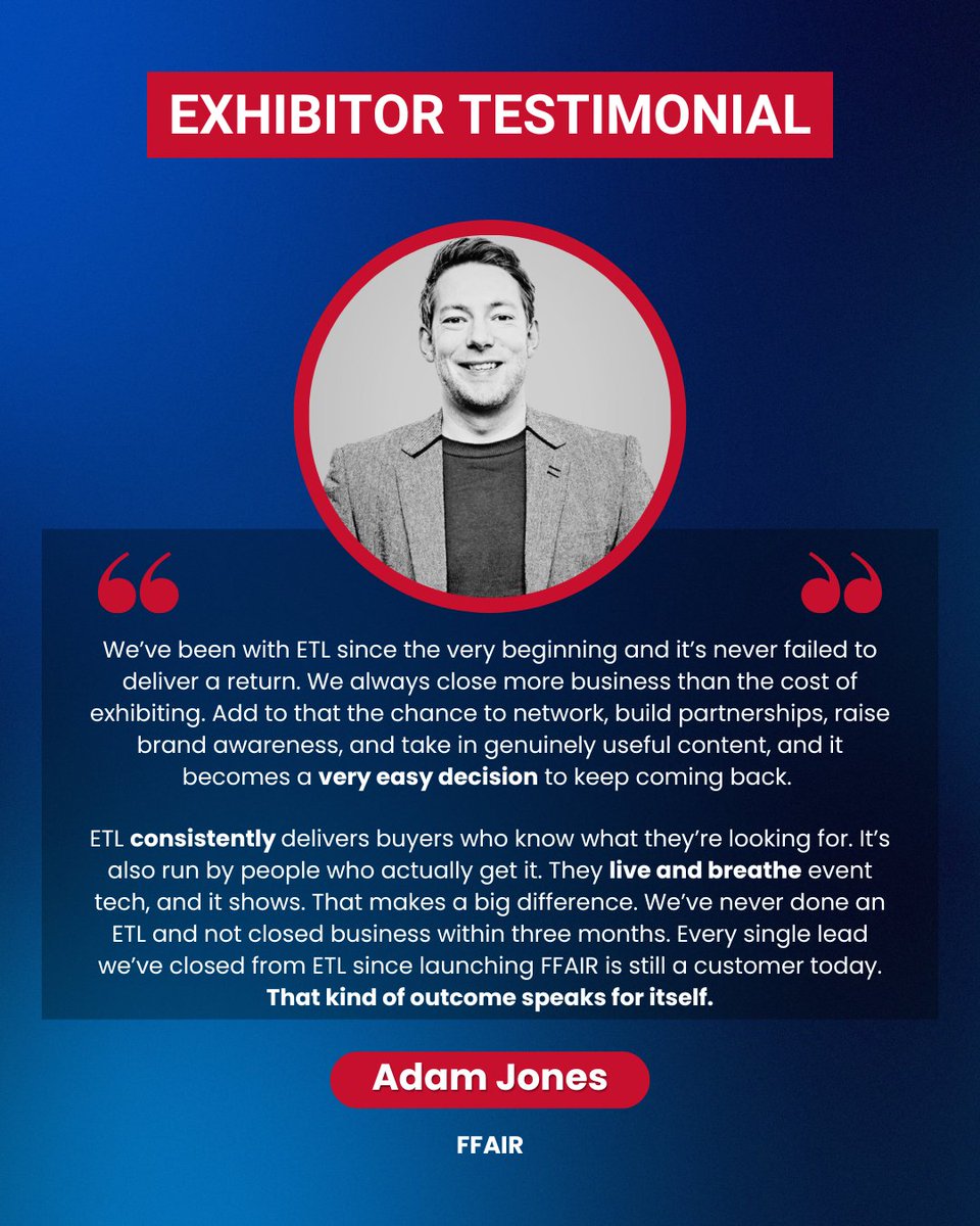 Event Tech Live (@eventtechlive) on Twitter photo Another fantastic exhibitor testimonial, this time from Adam Jones, CEO at FFAIR.
Exhibitor spots for this year are now very limited. If you're ready to claim yours get in touch with the team today by emailing enquiries@eventtechlive.com.
#ETLLondon25 #Testimonial #EventProfs Another fantastic exhibitor testimonial, this time from Adam Jones, CEO at FFAIR.
Exhibitor spots for this year are now very limited. If you're ready to claim yours get in touch with the team today by emailing enquiries@eventtechlive.com.
#ETLLondon25 #Testimonial #EventProfs