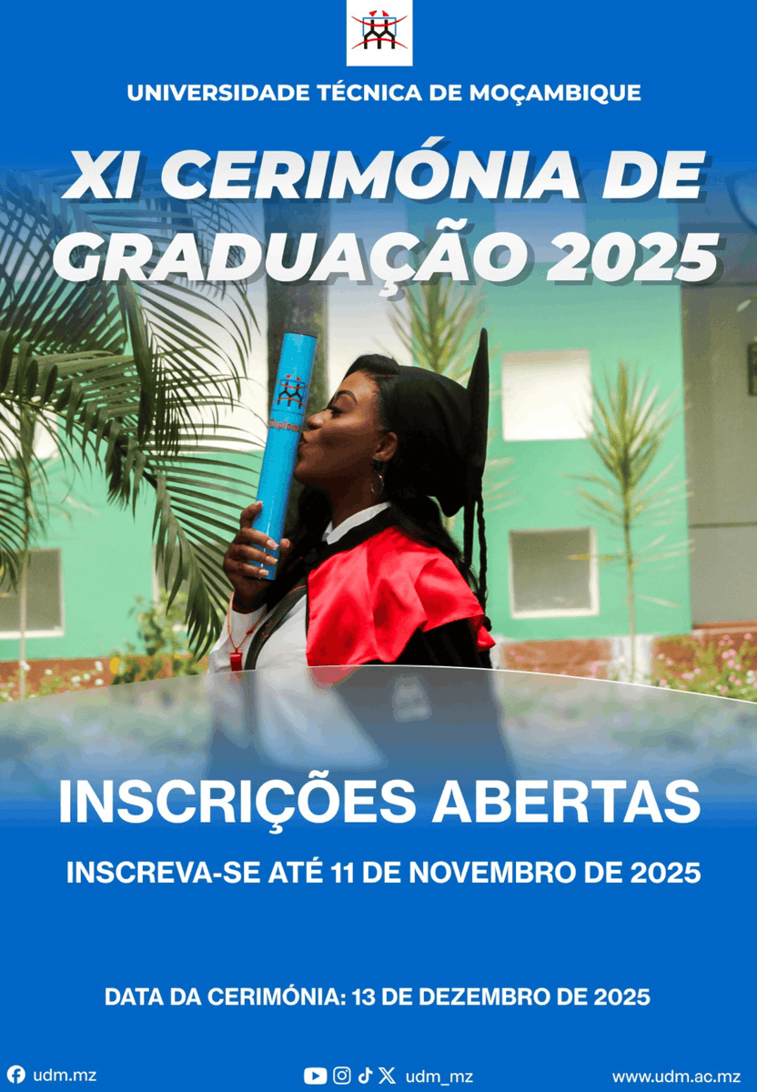 udm_mz's tweet photo. Vem aí a 𝐗𝐈 𝐂𝐞𝐫𝐢𝐦𝐨́𝐧𝐢𝐚 𝐝𝐞 𝐆𝐫𝐚𝐝𝐮𝐚𝐜̧𝐚̃𝐨!
As inscrições já estão abertas e decorrem até ao dia 11 de Novembro de 2025.
Para mais informações, dirija-se a Secretaria da Universidade ou envie uma mensagem para o número 823 055 178 (WhatsApp). #UDM #Graduacao https://t.co/qz0f6rqI6r