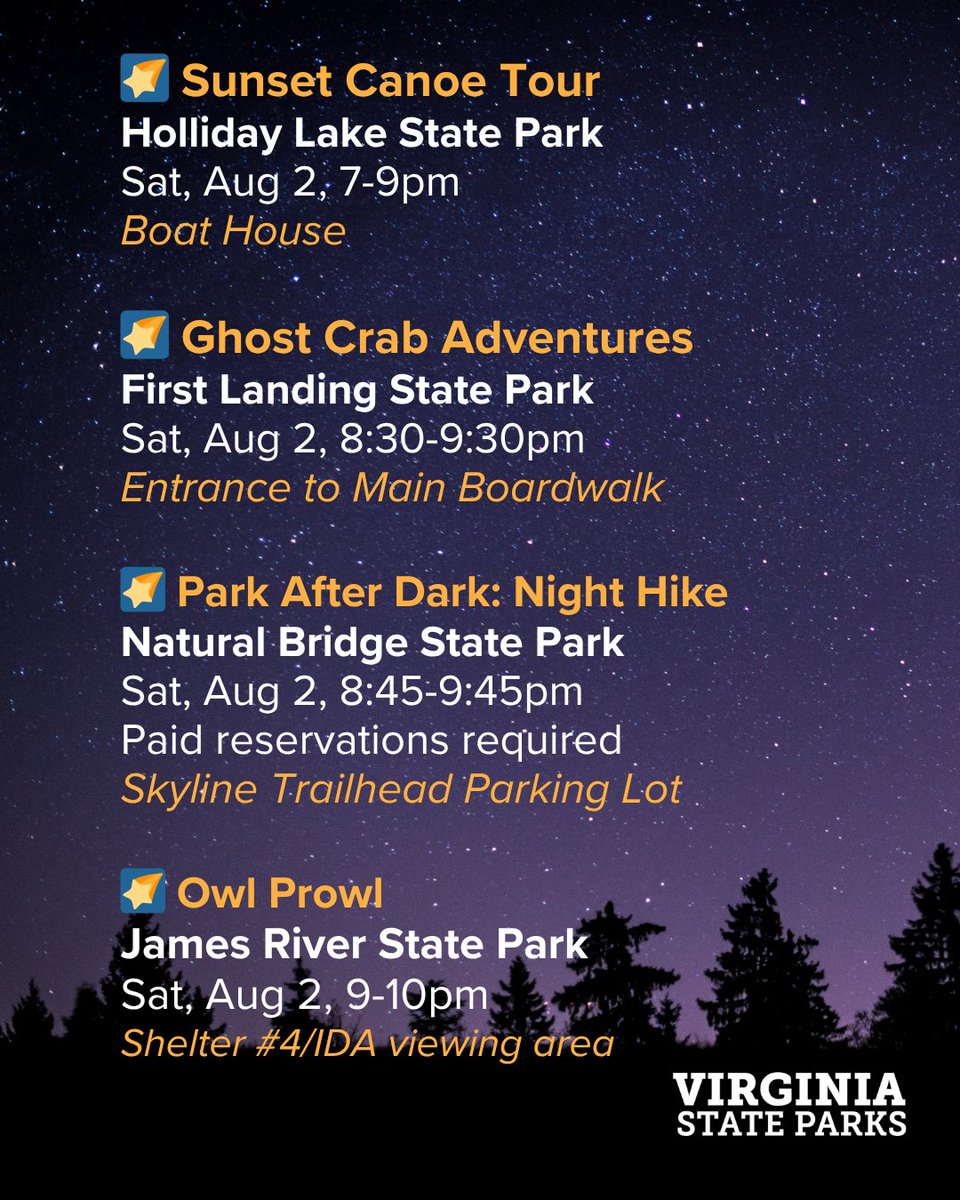 Summer days are hot but the nights are cool and full of mysteries to uncover. 🌙 Visit a state park this weekend for an evening or after-dark experience. 🦉 These programs are free unless otherwise stated, though the standard parking fee does apply.  dcr.virginia.gov/state-parks/ev…