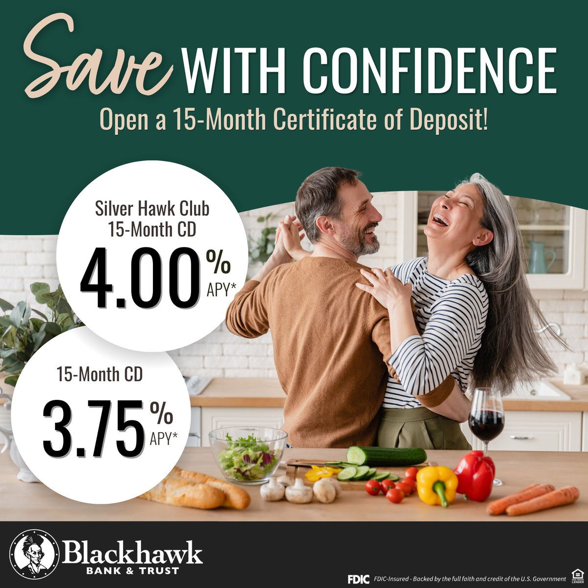Earn a great rate and enjoy the security of a guaranteed return with our 15-Month Certificate of Deposit. Start building your future today! Stop by any Blackhawk Bank &amp; Trust location to open your CD! Learn more: choosethechief.com/rates/savings/