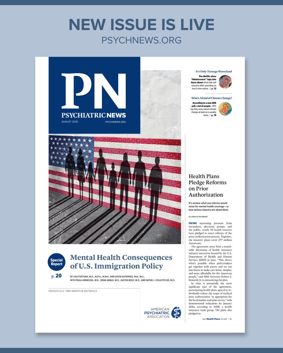 PsychiatricNews's tweet image. This month’s PN includes a Special Report on how current U.S. immigration policy is affecting immigrant mental health, an overview of psychiatry-related resolutions passed at this year’s AMA House of Delegates meeting, and more. ow.ly/zgw750WyfIO