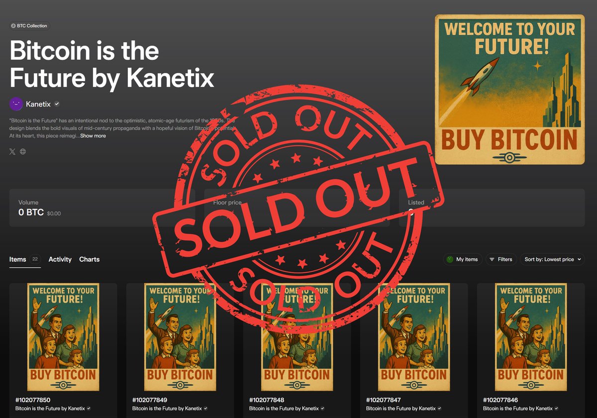 Good Morning!

I woke up to "Bitcoin is the Future" being sold out! Thank you to everyone who minted. I truly appreciate your support! 🙏

Tuesday starts the 48 hour auction on Gamma for the 1/1. 

The 1/1 is on an uncommon sat, serves as the genesis, definitive version of its