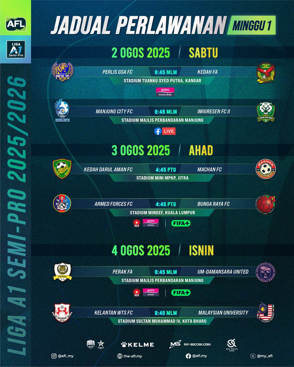Tirai Liga A1 Semi-Pro 2025/2026 bakal dibuka 

Enam perlawanan bąkał menghiasi minggu pertama saingan dengan tiga perlawanan bąkał disiarkan secara langsung untuk tontonan peminat bola sepak tempatan.

#AFL #ligaa1semipro #ligauntuksemua