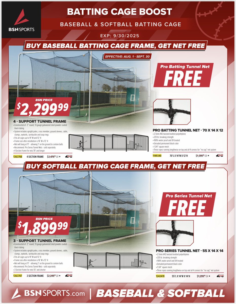 BSNSPORTS Florida (@bsnsports_fl) on Twitter photo FREE NET with cage frame purchase!
Contact your local <a href="/BSNSPORTS/">BSN SPORTS</a> rep today!
⬇️⚾️⬇️🥎⬇️⚾️⬇️🥎⬇️ FREE NET with cage frame purchase!
Contact your local <a href="/BSNSPORTS/">BSN SPORTS</a> rep today!
⬇️⚾️⬇️🥎⬇️⚾️⬇️🥎⬇️