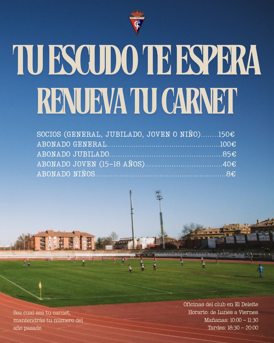 𝐓𝐮 𝐞𝐬𝐜𝐮𝐝𝐨 𝐭𝐞 𝐞𝐬𝐩𝐞𝐫𝐚 🔴🔵

🏟️ Una temporada más, te necesitamos en la grada

🔢 Sea cual sea tu carnet, mantendrás tu número de la temporada pasada

📍 Te esperamos en las oficinas

Porque el sentimiento no se pierde. Se renueva 🪪

#VamosAranjuez #OrgulloRibereño