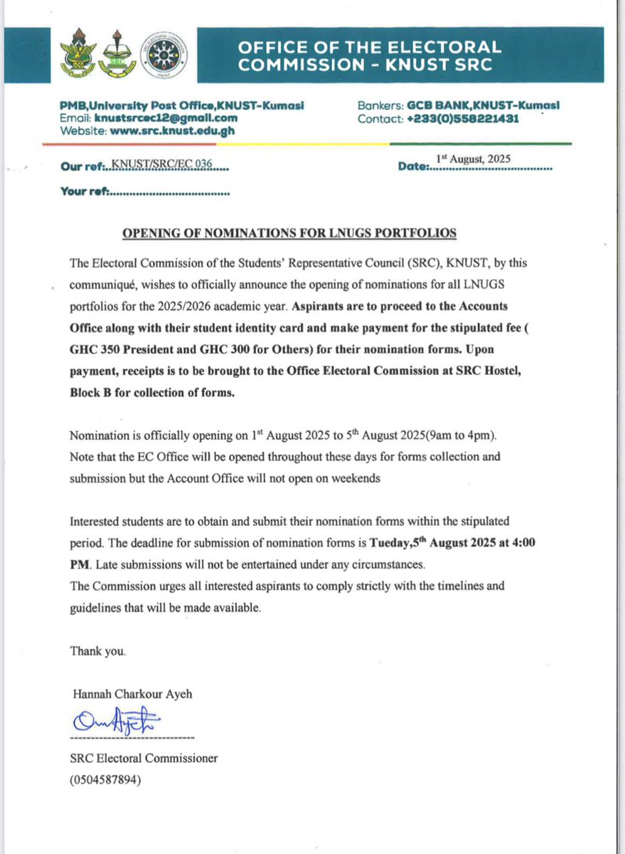 Knust360vibes's tweet image. The KNUST SRC Electoral Commission has officially opened nominations for various positions under KNUST LNUGS.

The nomination form costs GHC 350 for the presidential slot and GHC 300 for all other positions.

#KNUSTDecides 
#Knust360vibes
#knustdecides25