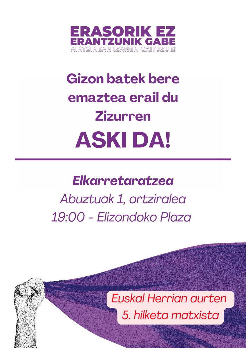 *_ERASORIK EZ ERANTZUNIK GABE!!_*
🟣 Zizurren izandako hilketa matxistaren aitzinean, ez gara isilik geratuko. 
*Elkarretaratzea GAUR, abuztuak 1, 19:00etan, Elizondoko Plazan.* 

berria.eus/euskal-herria/…