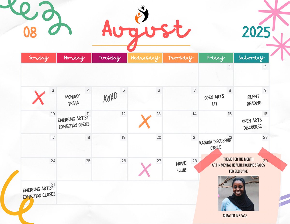 OpenArts_'s tweet photo. Happy August! 🎉
A new month at Open Arts Space is here, and we’ve got a lineup of beautiful events just for you 🌞✨

Check out our August calendar and see what we’ve got planned.

#openarts #openartspace #communitycenters #augusteventsinkaduna https://t.co/LAJTS3EGEi