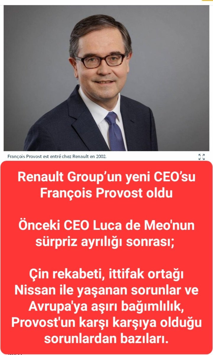 ❗️Renault Group’un yeni CEO’su François Provost oldu. 

Çin rekabeti, ittifak ortağı Nissan ile yaşanan sorunlar ve Avrupa'ya aşırı bağımlılık, #Provost'un karşı karşıya olduğu sorunlardan bazıları. 

#Renault