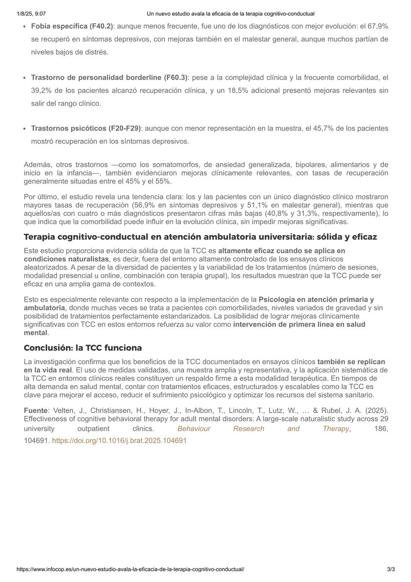 CHCPSICOLOGOS's tweet image. Un nuevo estudio, avalado por el Consejo General de la #Psicología de España confirma la eficacia de la Terapia Cognitivo-Conductual (#TCC) en el tratamiento de diversos trastornos psicológicos con mejoras clínicamente efectivas para una variedad de condiciones. 
Fuente: Infocop