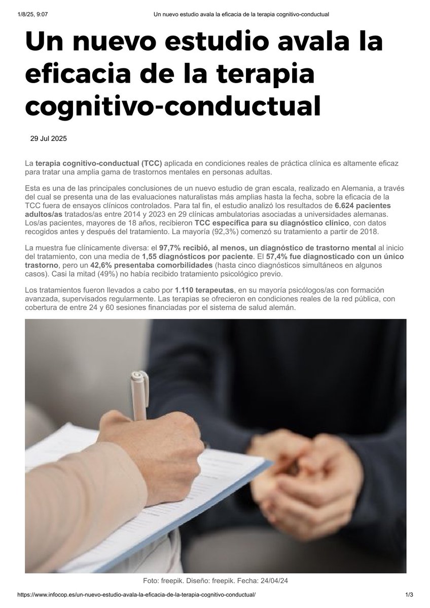 CHCPSICOLOGOS's tweet image. Un nuevo estudio, avalado por el Consejo General de la #Psicología de España confirma la eficacia de la Terapia Cognitivo-Conductual (#TCC) en el tratamiento de diversos trastornos psicológicos con mejoras clínicamente efectivas para una variedad de condiciones. 
Fuente: Infocop